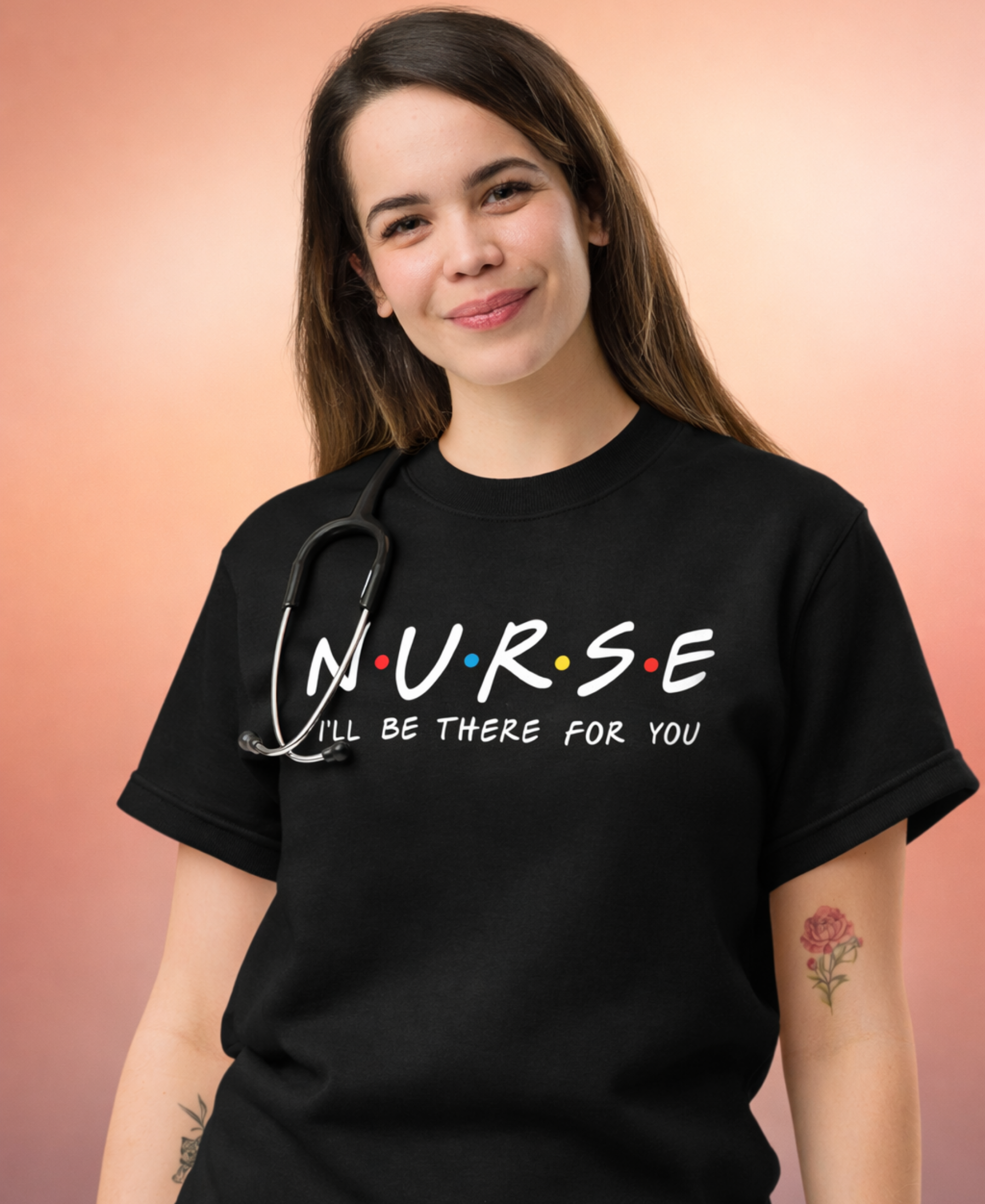 Woman wearing a black t-shirt with 'NURSE I'll be there for you' text, holding a stethoscope against a gradient background.
