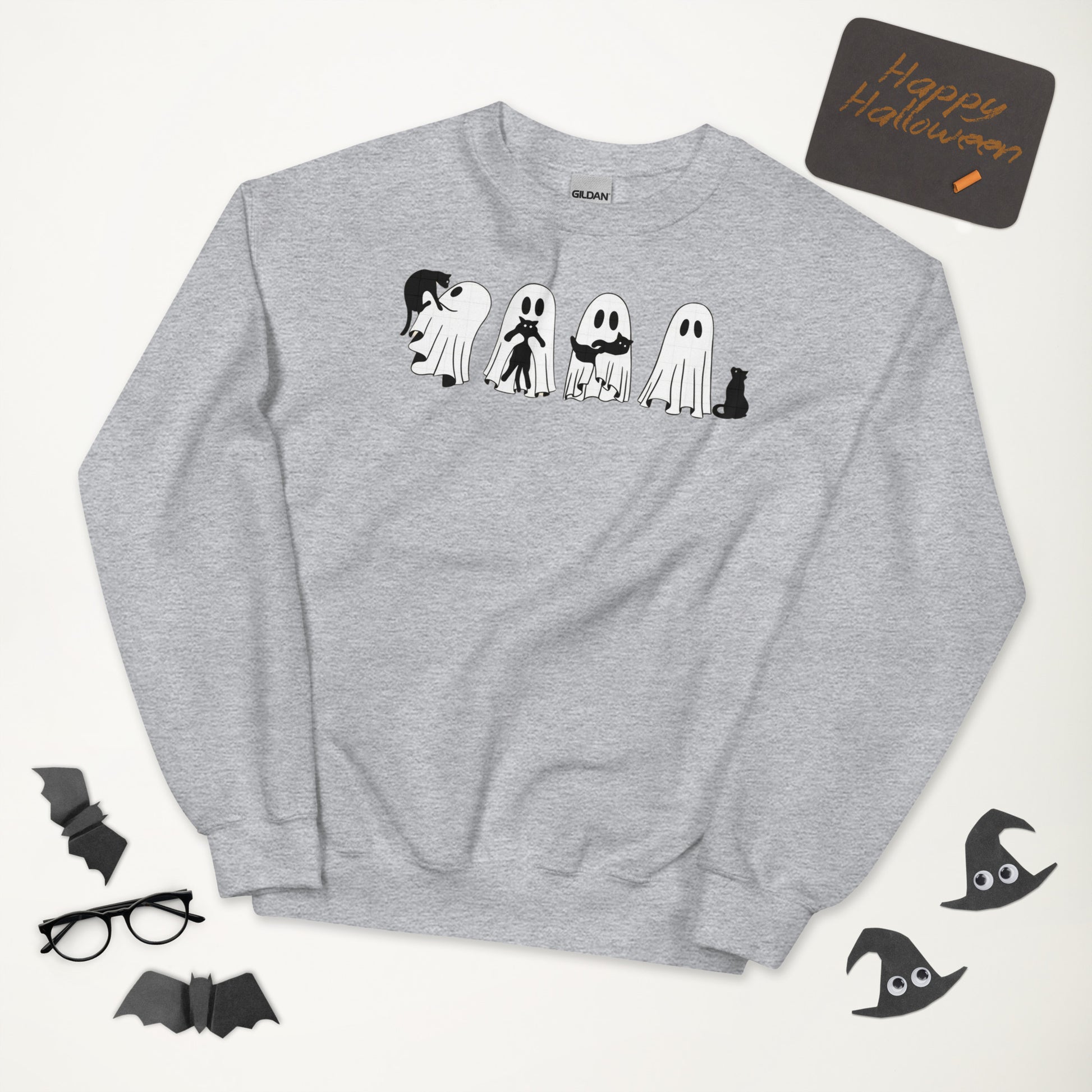 Halloween Black Cat & Ghost Sweatshirt Cute Spooky Pullover